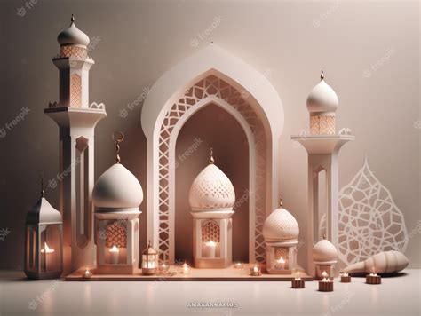 Premium Photo | A 3d paper model of a mosque with a mosque and a lamp.