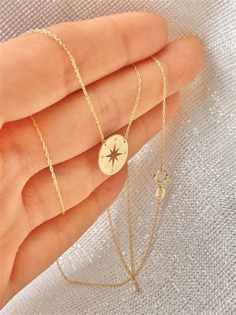 Compass Pendant Travel Necklace 14K Solid Gold Ultra Delicate | Etsy