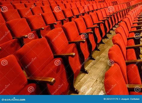 Row of Red Seats in a Theater with Old Wooden Floor Stock Image - Image ...