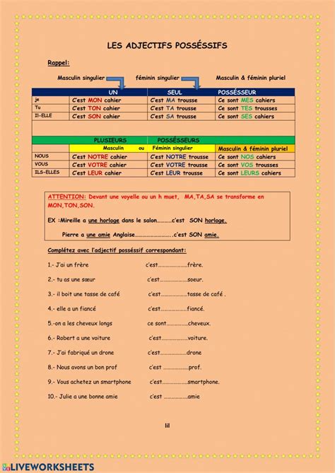 Adjectifs possessifs online exercise for grade 5. You can do the exercises online or download ...