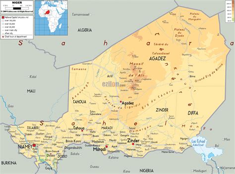 Large physical map of Niger with roads, cities and airports | Niger ...