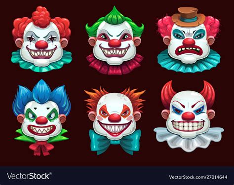 Creepy clown faces set scary circus concept Vector Image