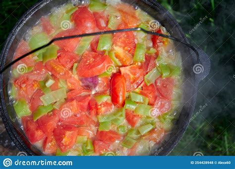 The Process of Cooking Outdoors. Vegetables in a Cauldron on a Fire ...