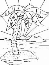 Coloring A deserted island With Sunset In The Sea Picture sketch template