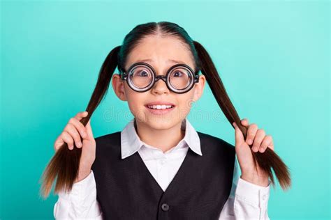 Photo Portrait Little Girl Wearing Glasses Keeping Two Ponytails Isolated Pastel Turquoise Color ...