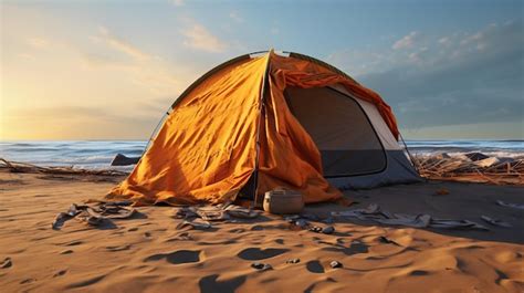 Premium AI Image | A tent is set up on the beach at sunset