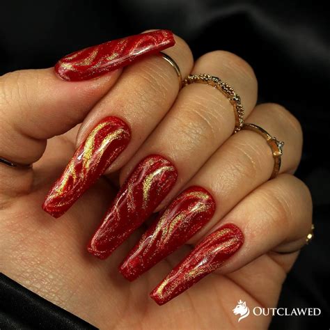 Red & Gold Swirl Glitter Nails Christmas Nails Glitter Nails Holiday ...