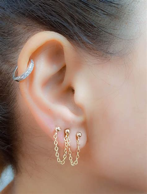 chain earring double triple four piercing earring set stud 14k gold filled: Amazon.co.uk: Handmade