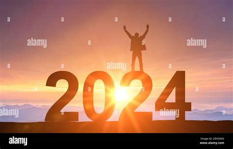 2024. New Year 2024, New Start motivation inspirational quote message. Man meets dawn for new ...