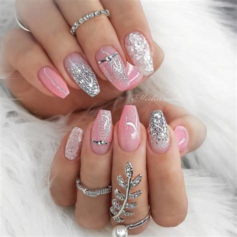 40 Stylish Short Coffin Nail Art Designs Silver And Pink Nails, Sparkly ...