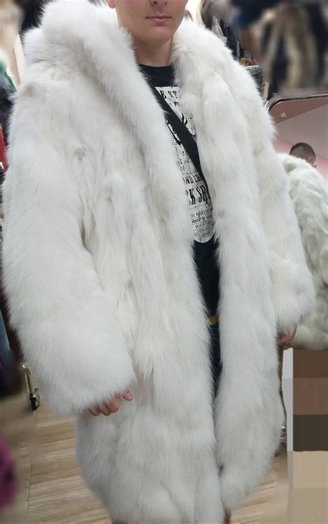 MEN'S WHITE FOX Long Hooded Fur Coat!Brand New Real Natural Genuine Fur!