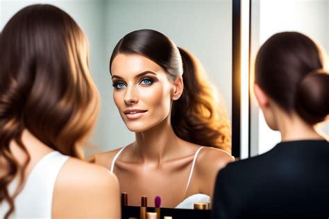 Lexica - Young White Woman in Front of mirror Puts Makeup on her pretty ...