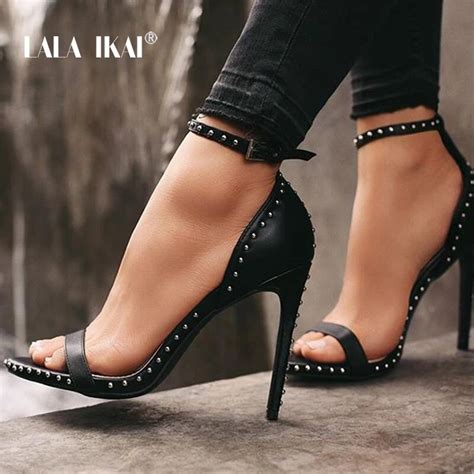 LALA IKAI Women Leather Rivet High Heels Female Shoes Sexy Ankle Summer ...