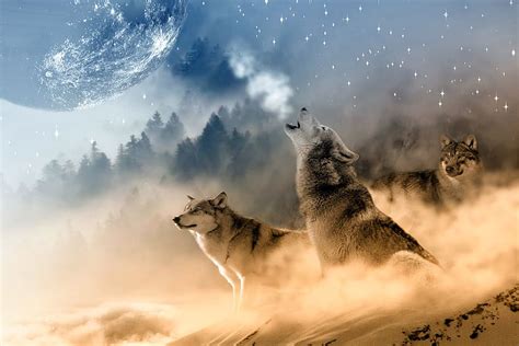 HD wallpaper: three wolves on snow howling in night during full moon ...