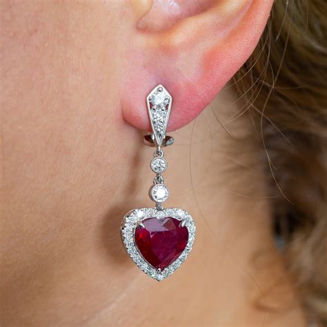 18K White Gold Ladies Heart Shaped Earrings With Ruby And Diamonds | Heart shaped earrings ...