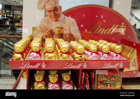 Moscow, Russia, November 2020: Lindt chocolate Teddy bears in gold foil and with a red heart ...