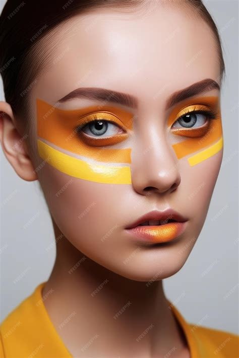 Premium AI Image | A woman with yellow and orange makeup and a yellow stripe on her face