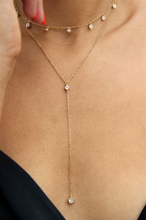 Simplistic Crystal Layered 18k Gold Plated Lariat Necklace Set – Ettika