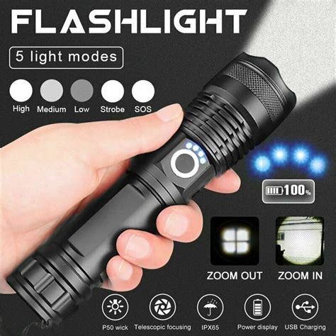 90000 Lumens Powerful Flashlight, USB Rechargeable Waterproof XHP70 Searchlight Super Bright 5 ...