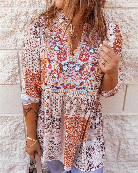 Boho V Neck Top Loose Floral Print Long Sleeve Beach Shirt – Zeagoo