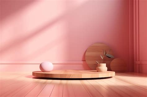 Premium AI Image | A pink room with a round wooden plate on the floor and a vase with a plant on it.