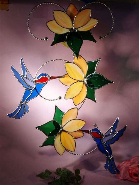 Stained Glass Suncatcher Hummingbirds with Flowers 412 | Etsy