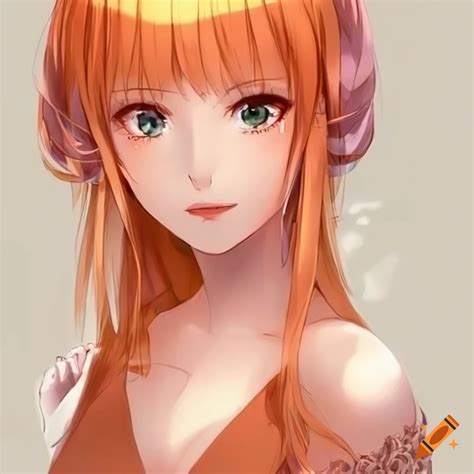 Beautiful 2d anime girl with orange hair and light eyes