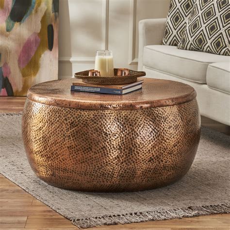 Hildred Modern Round Hammered Aluminum Storage Coffee Table, Antique Copper by Noble House