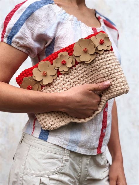 Red & Beige Leather Flowers Crochet Cotton Bag Crossbody Bag | Etsy