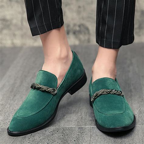 Green Suede Twill Dapper Mens Loafers Flats Dress Shoes ...