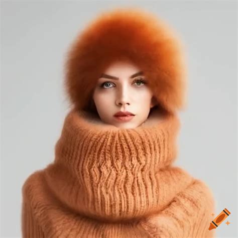 Woman in a chunky knit turtleneck pullover and winter hat with fur pompom
