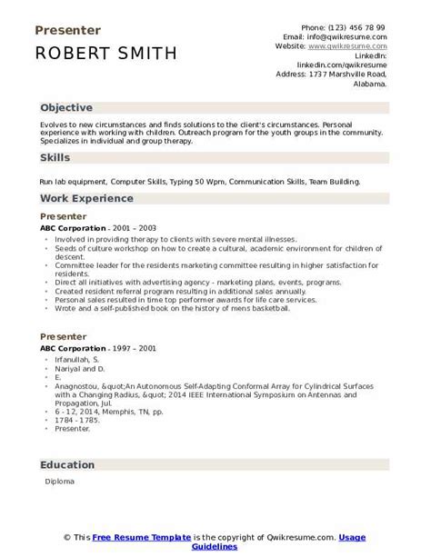 Presenter Resume Samples | QwikResume