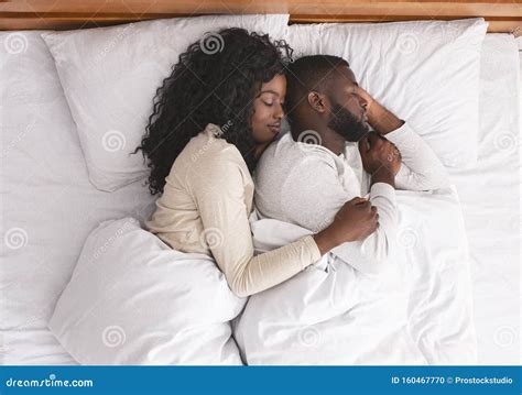 Romantic Black Couple Hugging while Sleeping in Bed Stock Photo - Image ...