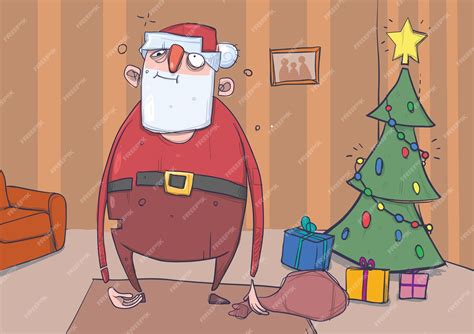 Premium Vector | Funny drunk santa claus with a bag stands in a room ...