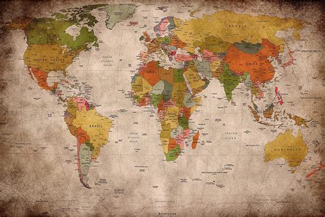 Poster Used Look – Wall Picture Decoration Globe Continents Atlas World Map Earth Geography ...