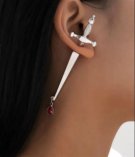 Silver Sword Earrings Go Through Ear Stud Earrings Weird | Etsy