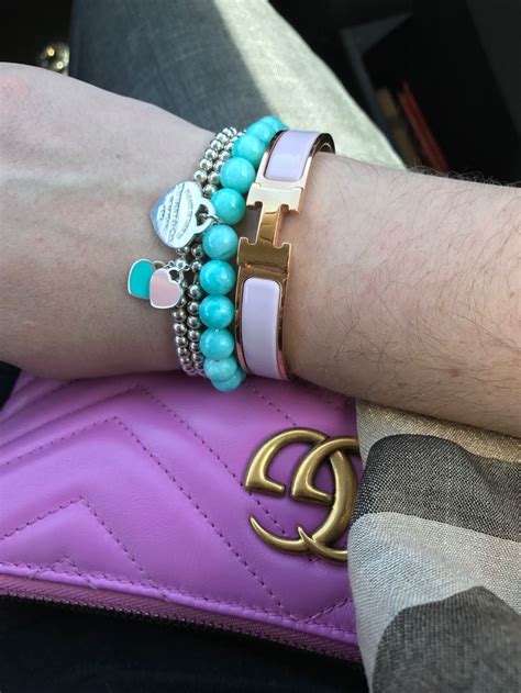 Tiffany bead bracelet stack, Tiffany blue beads, Hermes pink clic clac, pink Gucci crossbody ...