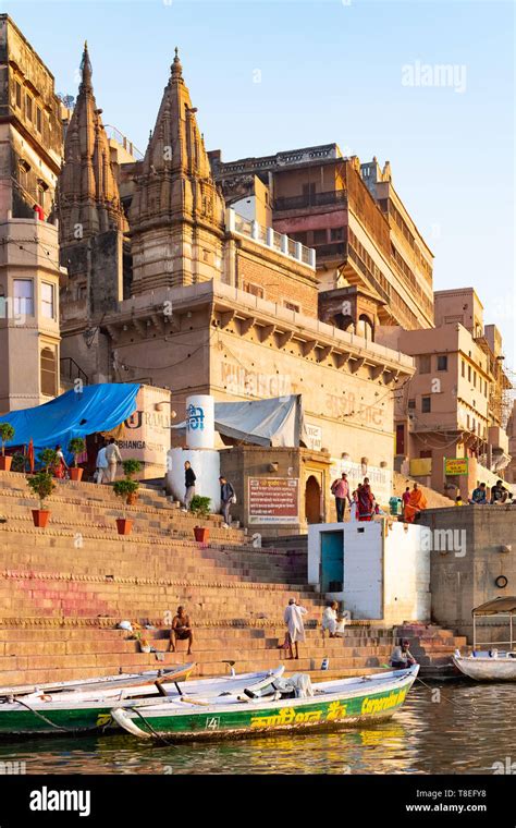 India, Varanasi, 27 Mar 2019 - A view of the ghats Ratneshwar Mahadev, Manikarnika Ghat and ...