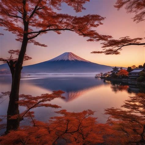 Premium AI Image | Photo mt fuji over Lake Kawaguchiko with autumn foliage at sunrise in ...