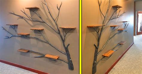 This Giant Iron Tree With Wooden Wall Shelves Adds Incredible Rustic Design To Your Home