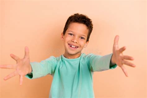 Photo of Adorable Positive Boy Wear Stylish Clothes Open Hands Hug You ...