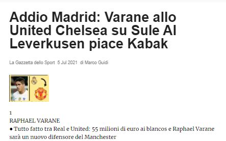 From Italy - Man Utd agree £47million fee with Madrid for Varane