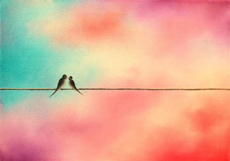 Love Birds on a Wire Art, Original Oil Painting on Canvas, Whimsical Bird Painting, Minimalist ...
