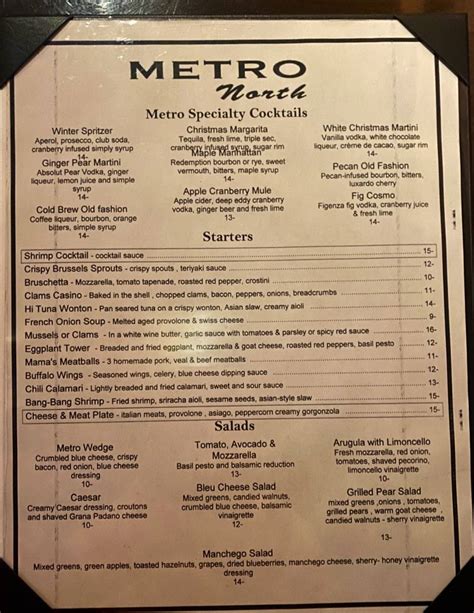 Menu at Metro North restaurant, Princeton