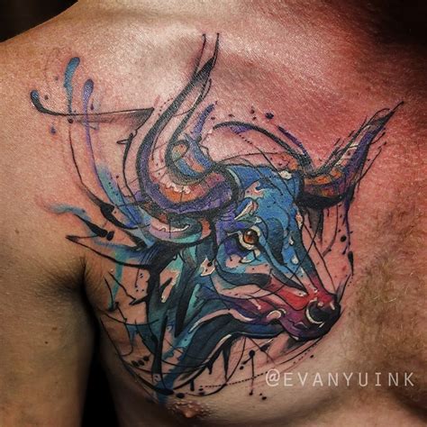 Ox in the chest. #ox #tattoo #ink #animal #animaltattoo #watercolor #paint #colortattoos #color ...