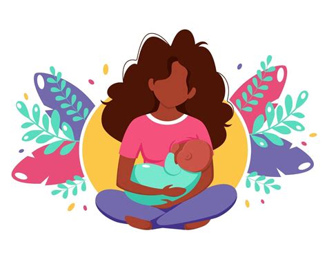 Breastfeeding concept. Black woman feeding a baby with breast on leaves background. Vector ...
