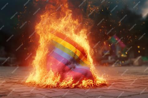 Premium AI Image | rainbow color flag burning in the fire