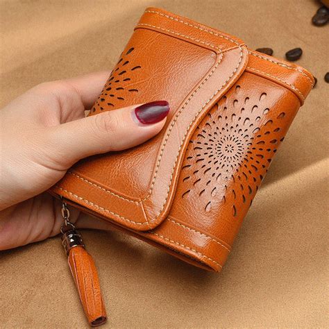 Female Small Purse Hollow Sunflowers Genuine Leather Women Wallets Fashion Retro Short Wallets ...