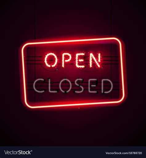 Glowing neon Open sign with magic sparkles on dark red background and turned off Closed sign ...