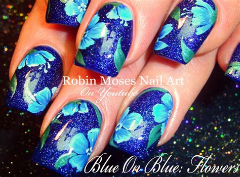 Nail Art by Robin Moses: Blue Polish with Blue Flowers! "blue flower nails" "blue flower design ...